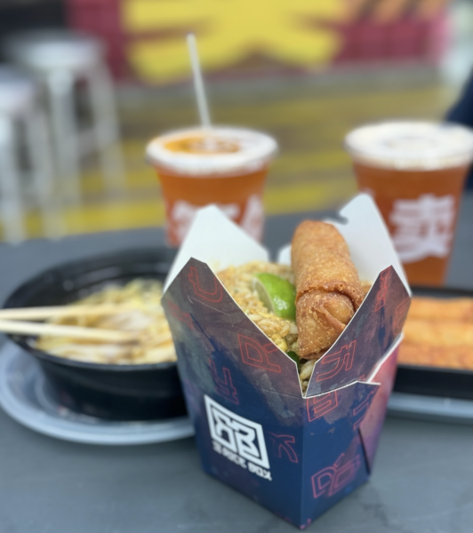 Egg roll, fried rice, wonton soup and Thai tea on nitro at the Rice Box